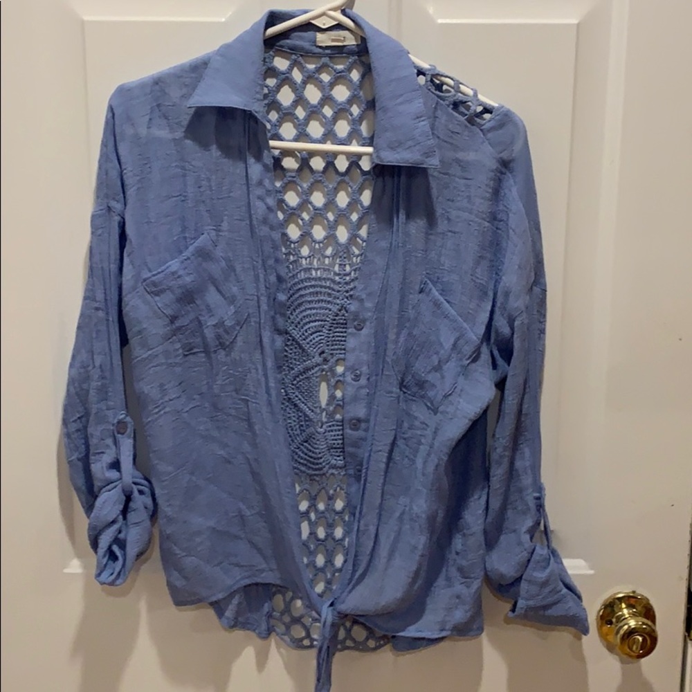 Baby blue front tie blouse